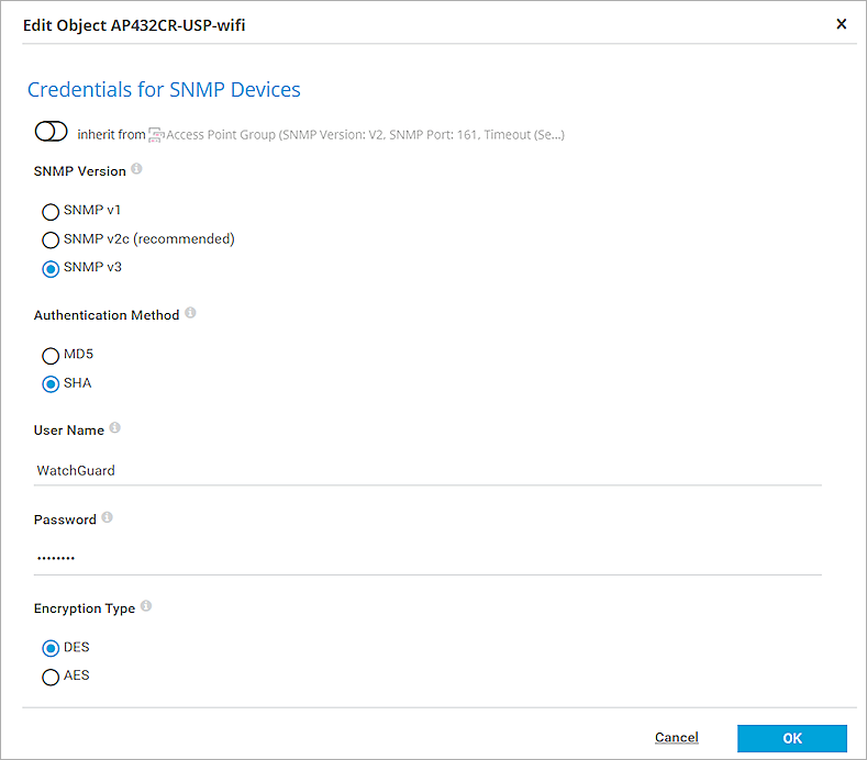 Screenshot of the SNMP credentials page in PRTG